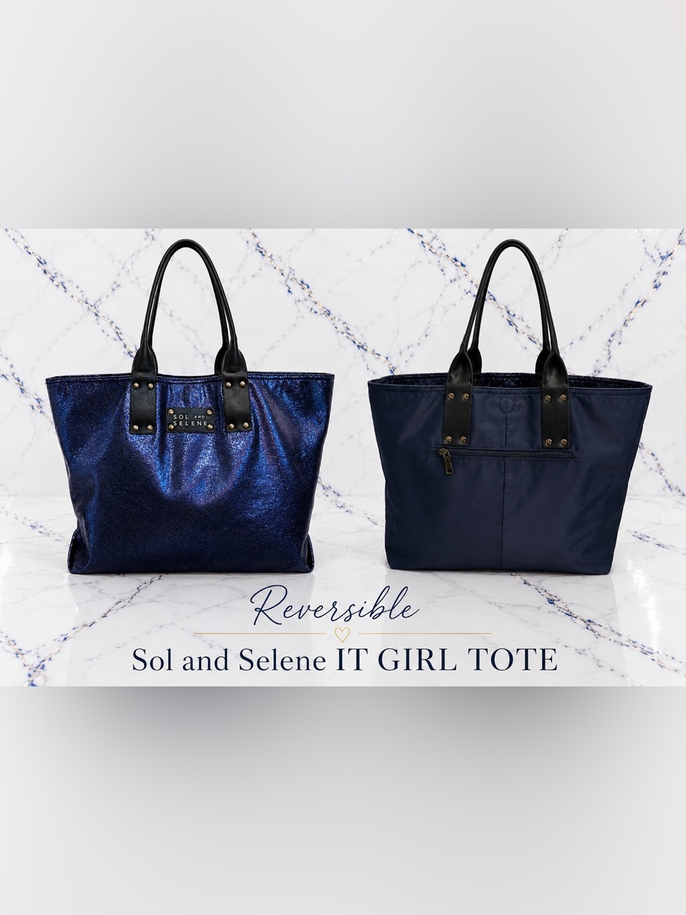 Sol & Selene “It Girl” Reversible Tote 
Metallic Navy Blue & Blue Nylon EUC